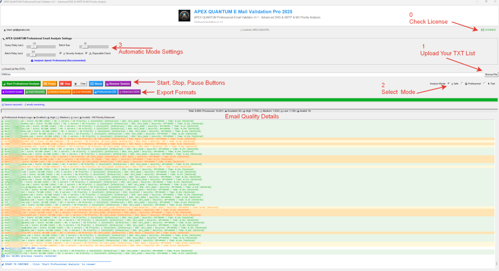 APEX QUANTUM email verification software dashboard